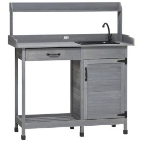 Outsunny Outdoor Potting Bench Table with Sink, Faucet and Drawer for Greenhouse, Garden, Patio, Gray