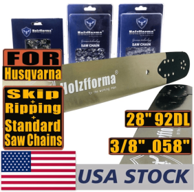Holzfforma® Pro 28inch 3/8 .058 92DL Solid Guide Bar & Standard Ripping Skip Saw Chain Combo Compatible With Husqvarna 61 66 266 268 272 281 288 365