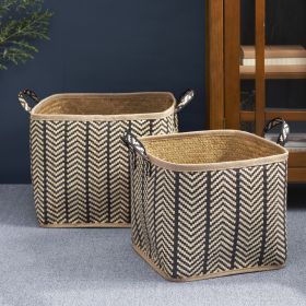 Square Palm Leaf Woven Wicker Harvesting Basket with Handles Set of 2 - 14" x 14" x 15" and 16" x 16" x 17" - Black and Brown