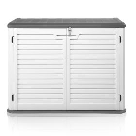 Outdoor Storage Shed, 34 Cu Ft Horizontal Outdoor Storage Cabinet, Lockable Outdoor Storage Box for Garbage Cans, Lawn Mower and Tools, Grey & White