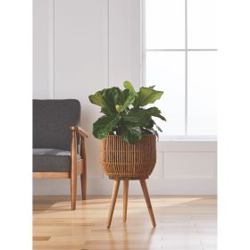 13 Inch Round Brown Resin Rattan Planter & Stand with Acacia Wood Legs