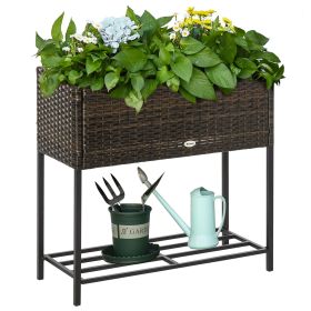 Outsunny Elevated Rattan Planter Box with Tool Storage, Indoor/Outdoor, 28" High