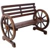 2-Person Wooden Wagon Wheel Bench for Backyard, Patio, Porch, Garden, Outdoor Lounge Furniture w/Rustic Country Design, Slatted Seat and Backrest - Br