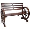 2-Person Wooden Wagon Wheel Bench for Backyard, Patio, Porch, Garden, Outdoor Lounge Furniture w/Rustic Country Design, Slatted Seat and Backrest - Br