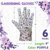 Purple Floral Gardening Gloves for Women, 9 Inches. 12 Pack Cotton Garden Gloves. Washable Soft Garden Gloves with Dots. Light Gardening Gloves Floral