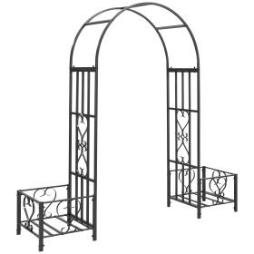 Outsunny 6.7' Metal Garden Arch, with Gate and Planter Boxes, Steel Arch Arbor, Water-Resistant, for Ceremony, Weddings, Dark Gray