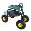 Rolling Garden Work Chair with Wheels, Garden Cart with Steering Handle, 360 degree Swivel Seat