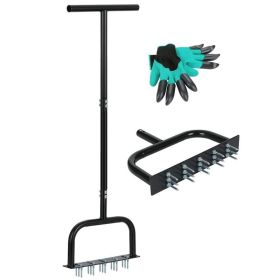 Lawn Aerator Tool Manual Metal Spike Grass Aeration with Dethatching Rake & 15 Iron Spikes for Yard and Garden Compacted Soil Aerator Tool (Black