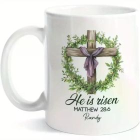 Easter Bunny Garden Coffee Mug - Name "Matthew 28:6 Randi" & Cross Design, 11oz Ceramic Cup, Hand Wash Only,