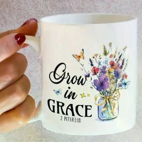 1pc "Grow in Grace" 11oz White Ceramic Coffee Mug with Colorful Floral & Butterfly Design - Inspirational Luke 12:27