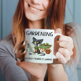 1pc Garden-Themed Funny Cat Mug - 11oz Ceramic Coffee Cup with "Gardening Because Murder Is Wrong" Print,