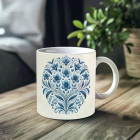1pc_Blue Floral Pattern ceramic cup 11 ounces, coffee/tea/wine glass, suitable for Valentine's Day, birthdays,