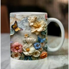 3D Spring Garden Mug Sublimation, Digital Download, 3D Flowers Mug Wrap, 3D Butterflies