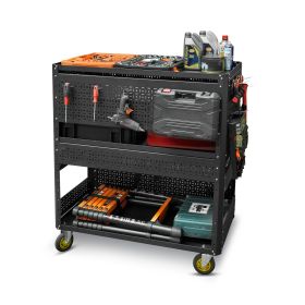 3-Tier DIY Detachable Utility Cart Storage Tool Cart With Steel Pegboard, Foldable Rolling Tool Cart With Wheels For Garage Organizer And Tool St (Color: Black)