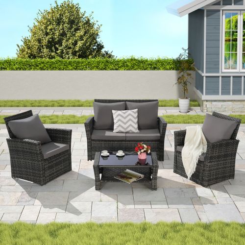 4 Pieces Outdoor Patio Furniture Sets Garden Rattan Chair Wicker Set, Poolside Lawn Chairs with Tempered Glass Coffee Table Porch Furniture