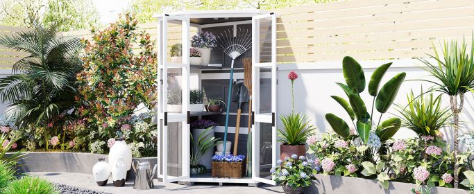 [Assembly Video Product] TOPMAX 63'' Height Garden Wood Storage Cabinet Outdoor Tool Storage Shed (Color: as Pic)