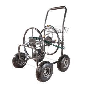 Portable Garden Hose Reel Cart with Storage Basket, Rust Resistant, Heavy Duty, 4 Wheels (Color: as Pic)