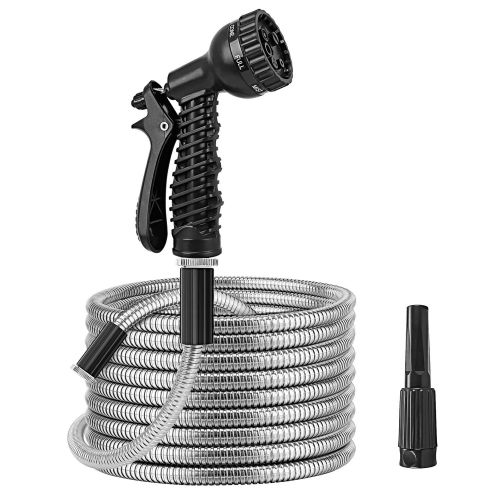25FT/50FT/100FT Heavy Duty Stainless Steel Garden Hose Garden Watering Kit Metal Water Hose with 2 Nozzles 12 Patterns Flexible Extendable Kink T