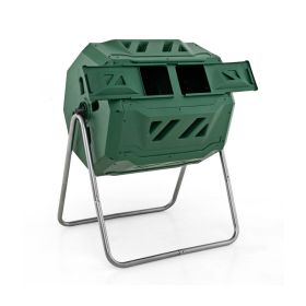 Rotating Compost Bin Barrel with Dual Chamber and Sliding Doors (Color: Green, Type: Garden Supplies)