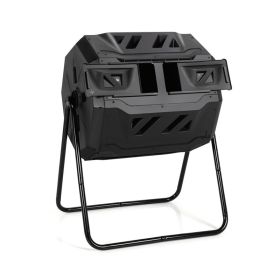 Rotating Compost Bin Barrel with Dual Chamber and Sliding Doors (Color: Black, Type: Garden Supplies)