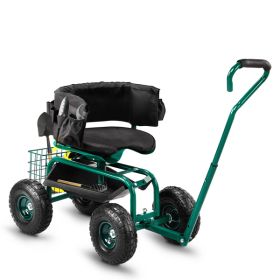 Rolling Garden Cart with Cushioned Backrest & Seat, Outdoor Gardening Stool for Planting (Color: as picture)