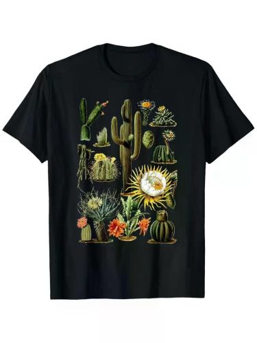 Vintage 70s Boho Botany Botanical Cactus Succulent Plant T-Shirt, 100% Cotton, Single Side Printed, Black Short Sleeve T-shirt