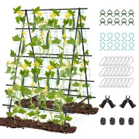 A-Frame Garden Cucumber Trellis with Netting for Climbing Plants Outdoor (Color: Black)
