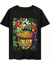 Men's Pure Cotton T-shirt Vibrant floral print with colored flowers and green plants Round neck, regular fit Machine washable (Color: Black, size: XL)