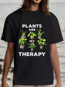 Plants Are My Relax" Men's Cotton T-Shirt - Black Casual Graphic Tee with Green Succulent Design, Short Sleeve, (Color: Black, size: M)